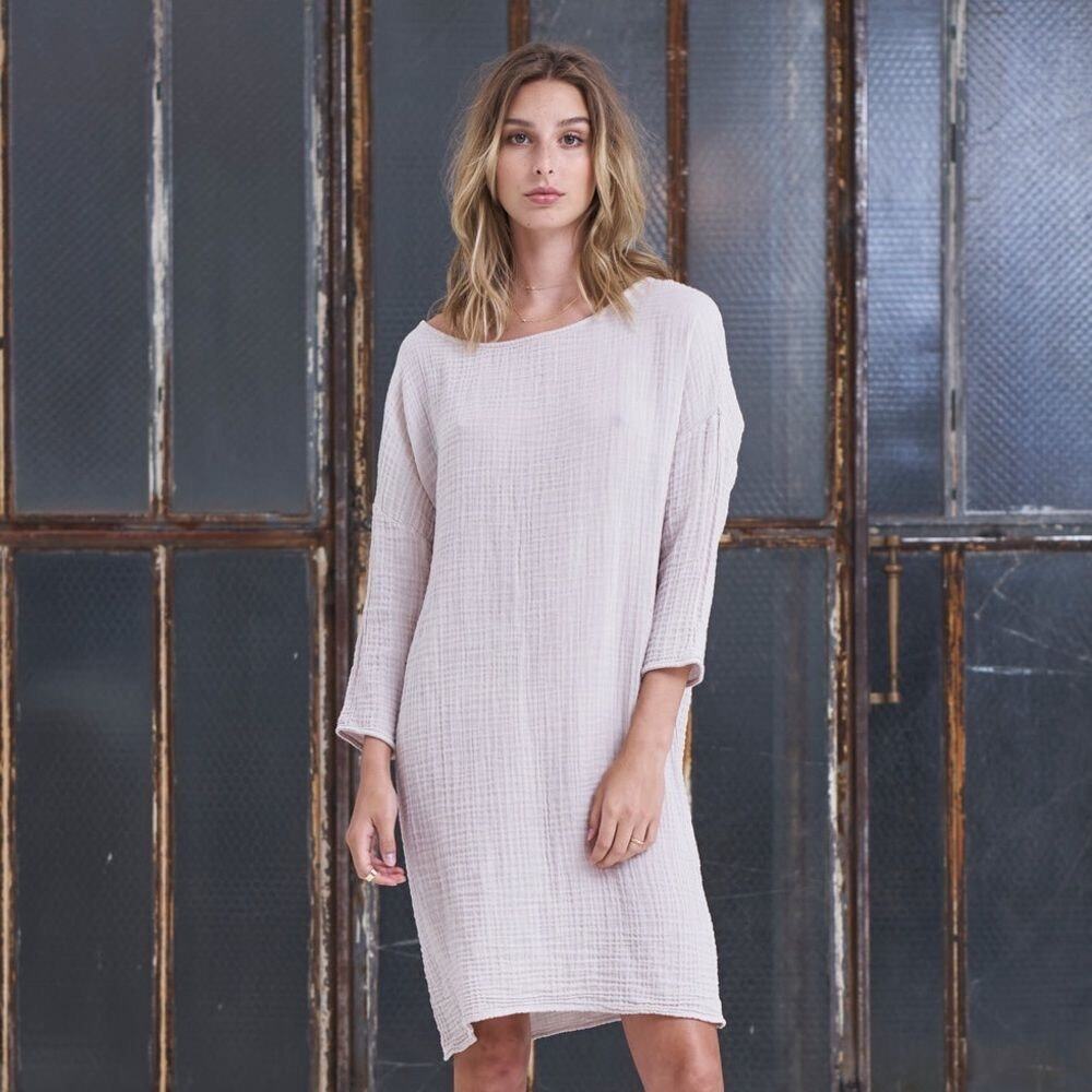FELICITE Gauze Open Neck Dress Womens Small Light Pink 3/4 Sleeve Lightweight